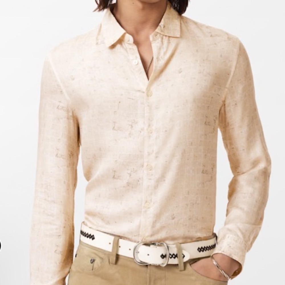 John Varvatos Luca Button Up Shirt Men M Beige Digital Print Geometric W985S26